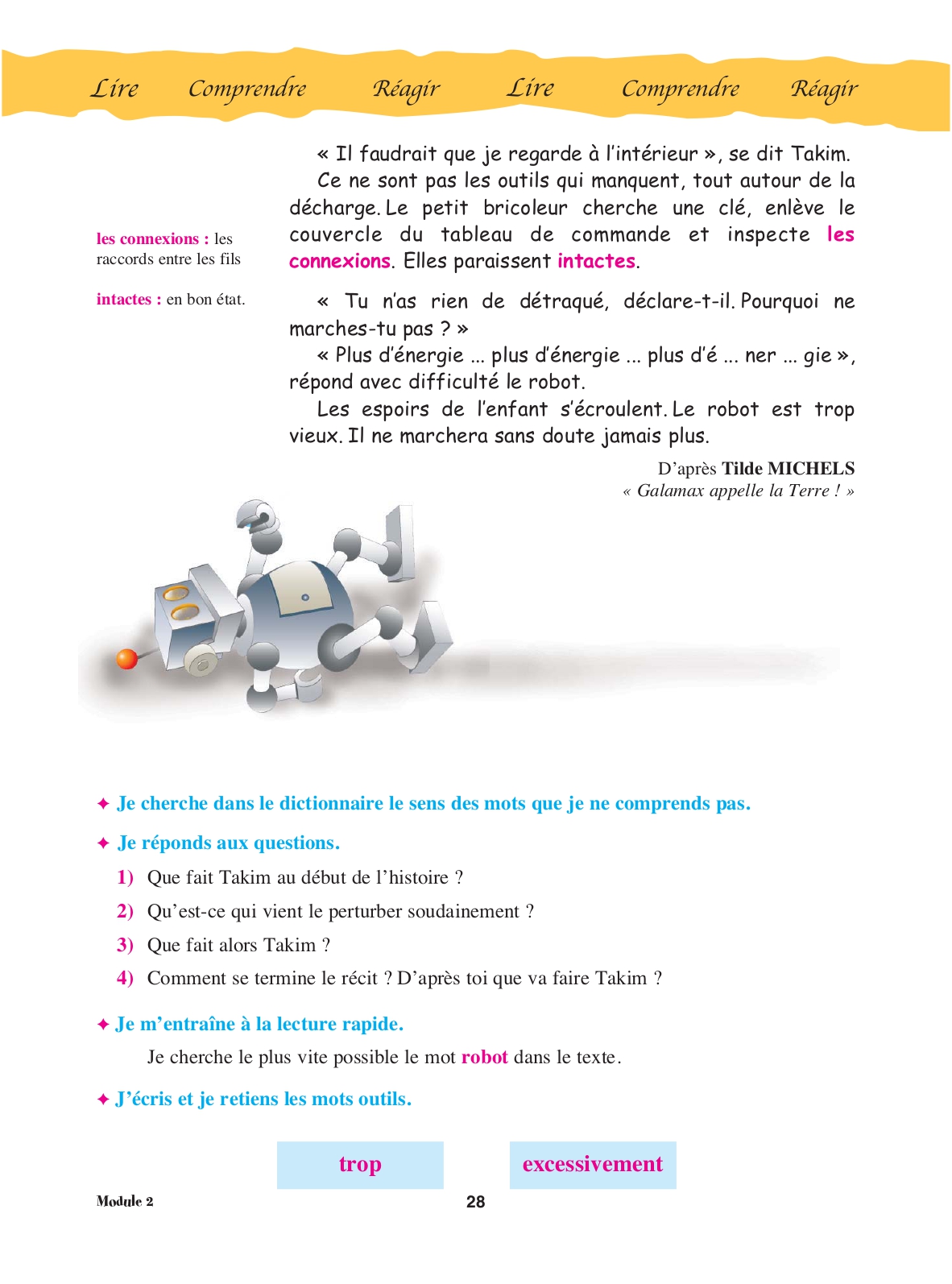Page 28 du manuel : Takim inspecte les connexions du robot, questions de compréhension et mots-outils